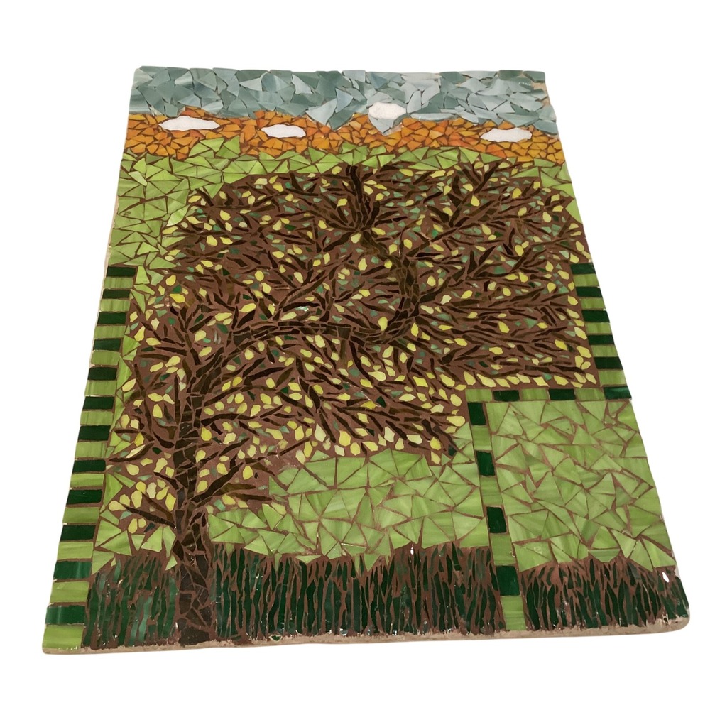 Handmade Stained Glass Mosaic Tree Landscape Wall Art Panel approx. 22x16 heavy